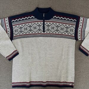 BULA Nordic Knit Fair Isle Sweater Navy Blue & White Men's Large ¼ Zip Ski
